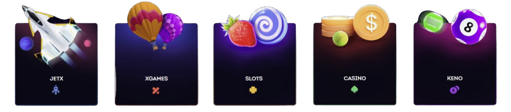games including JetX, X Games, Slots, Casino, and Keno